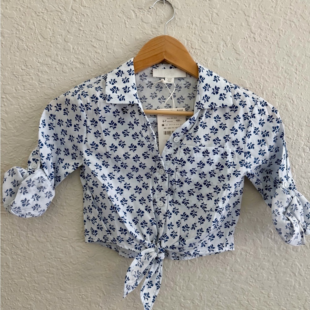 Zara Girls Blue Floral Tie-Front Shirt NWT Size 6–7